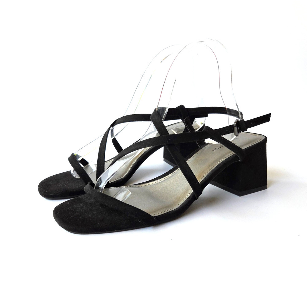 Vintage 90s Black Strappy Heels Size 7.5 Formal Prom Chunky Faux Leather Vegan